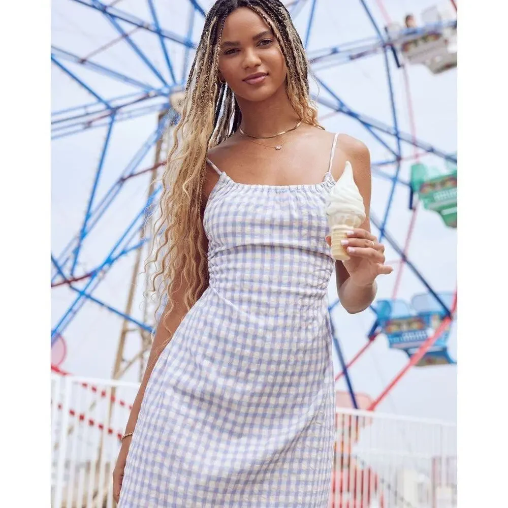 L*Space Gingham Mini Dress XS Purple White Tie Back Summer - Picture 7 of 9